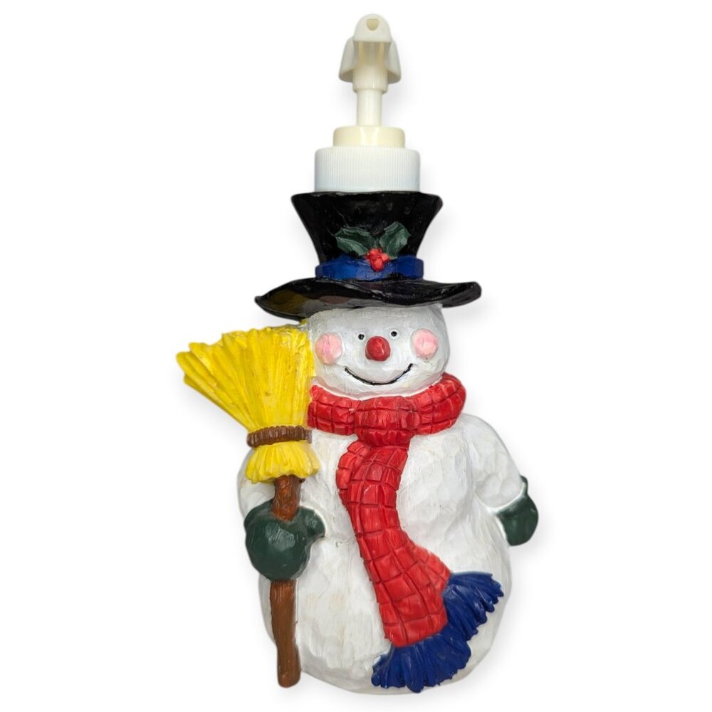 Snowman Soap Dispenser with Top Hat and Broom - Red Scarf